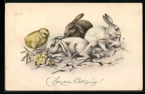 AK Osterhasen knabbern an Schleife