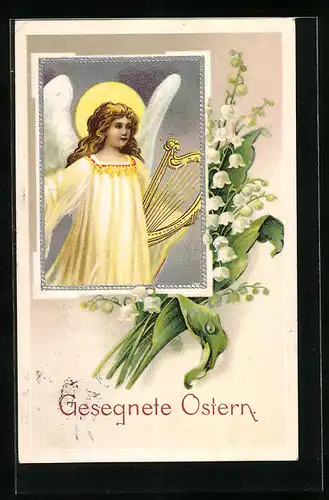 Präge-AK Osterengel mit Harfe und Nimbus