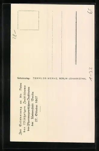 AK Berlin, 25 jähriges Jubiläum des Pharmazeutischen Institutes der Universität Berlin 1927, Hermann Thoms
