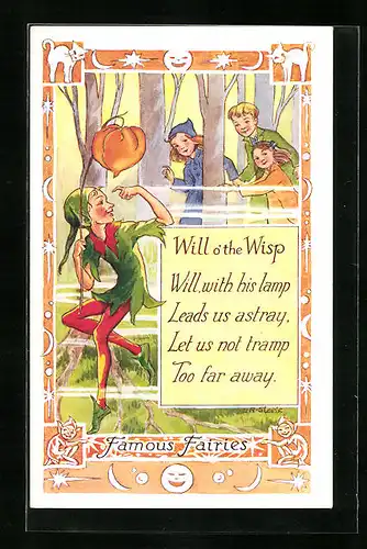 Künstler-AK sign. L. R. Steele: Famous Fairies, Will o` the Wisp..., Kinder erblicken einen Elf, Märchen