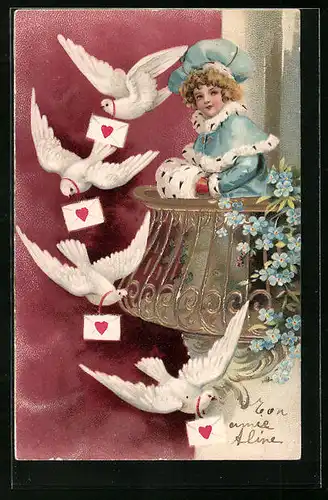 Präge-AK Mädchen auf Balkon mit weissen Tauben