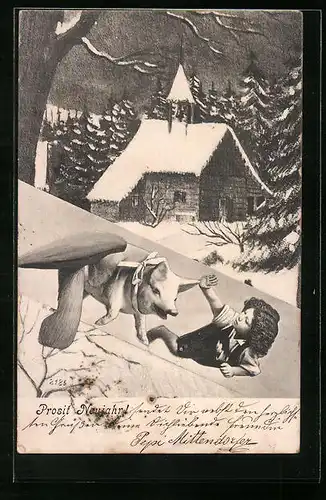 AK Schwein mit Schleife und Haus im Winter