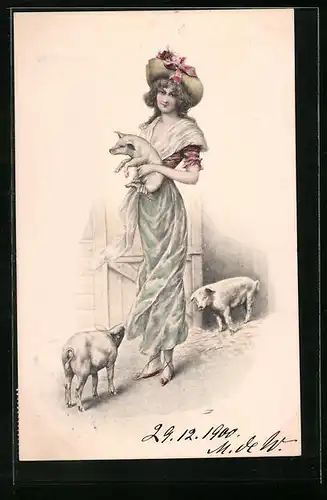 AK Dame mit kleinen Schweinen