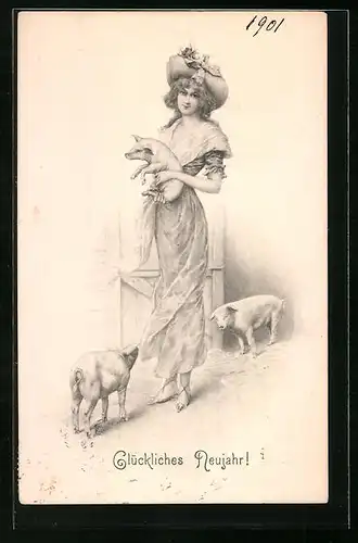 AK Dame mit kleinen Schweinen