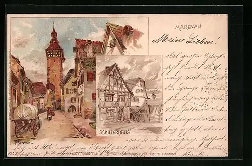 Künstler-AK P. Schmohl: Marbach, Schillerhaus, Strassenpartie mit Turm