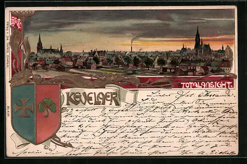 Präge-Lithographie Kevelaer, Totalansicht mit Kirche, Wappen