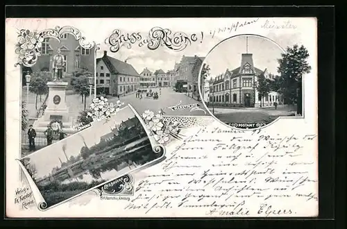 AK Rheine, Marktplatz, Postamt, Krieger-Denkmal