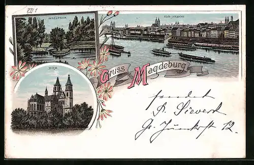 Lithographie Magdeburg, Elb-Ansicht mit Booten, Dom, Inselteich