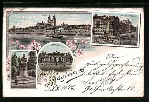 Lithographie Magdeburg, Dom, Herrenkrug, Hasselbachplatz mit Denkmal und Strassenbahn