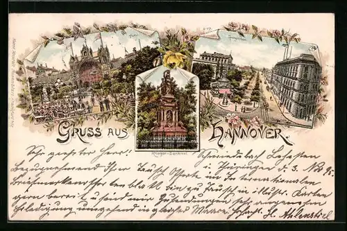 Vorläufer-Lithographie Hannover, 1895, Café Tivoli, Georgstrasse mit Pferdebahn, Krieger-Denkmal