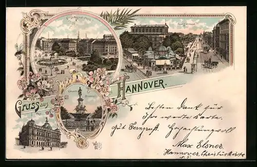 Lithographie Hannover, Georgstrasse mit Café Kröpke, ErnstAugust-Platz, Ebhardt-Brunnen