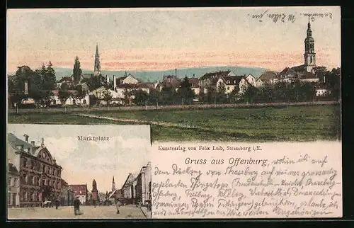 AK Offenburg, Teilansicht, Marktplatz mit Denkmal