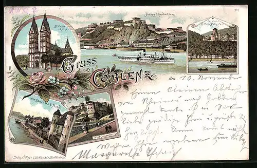 Lithographie Koblenz, Festung Ehrenbreitstein mit Dampfer, Fort Constantin, St. Castor-Kirche