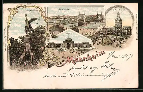 Lithographie Mannheim, Krieger Denkmal, Neckarbrücke und Bahnhof