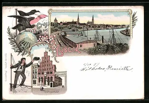 Lithographie Lübeck, Ansicht Hafen und Schiffergesellschaft