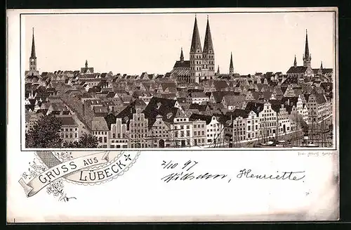 Lithographie Lübeck, Totalansicht mit Fokus auf Dom