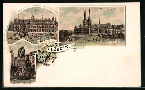 Lithographie Lübeck, Ansicht Post und Museum neben Dom