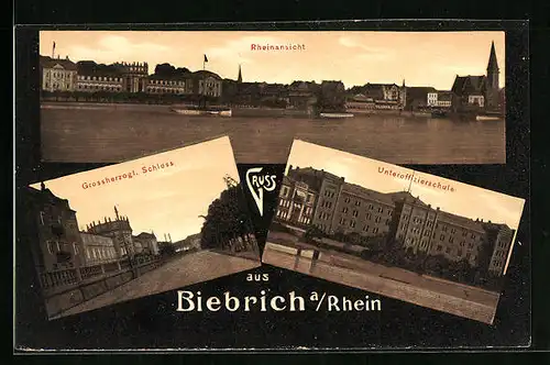 AK Biebrich /Rhein, Rheinpartie und Unteroffizierschule