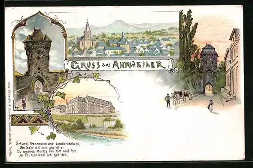 Lithographie Ahrweiler, Blick auf Eingangstor und Gesamtansicht