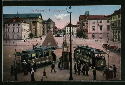 AK Karlsruhe /B., Blick auf den Marktpkatz mit Strassenbahnen