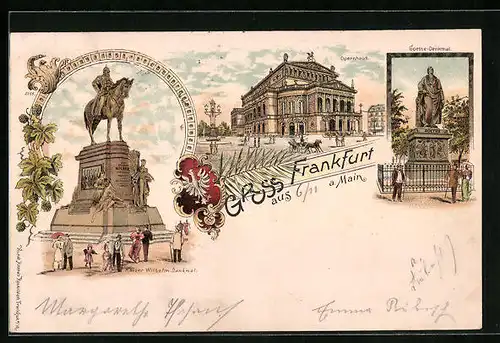 Lithographie Frankfurt /Main, Opernhaus und Kaiser Wilhelm Denkmal