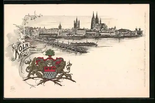 Lithographie Köln, Rheinpartie mit Dampfer und Stadtansicht vom Rhein aus