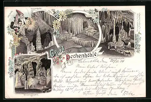 Lithographie Dechenhöhle, Nixengrotte, Kaiserhalle und Orgelgrotte