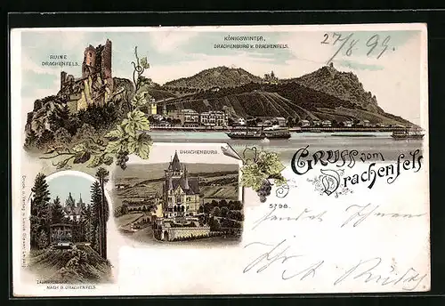 Lithographie Drachenfels, Blick gegen Ruine und Königswinter mit Drachenburg