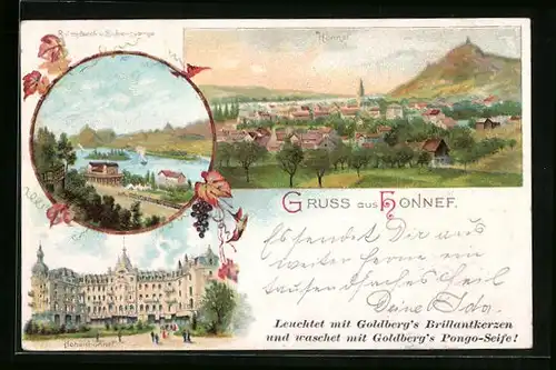 Lithographie Honnef, Blick auf Hohenhonnef und Siebengebirge