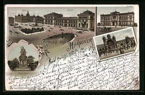 Lithographie Hannover, Blick auf Krieger-Denkmal und Postgebäude