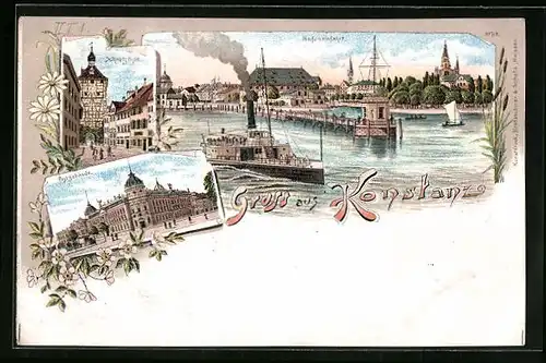 Lithographie Konstanz, Ansicht Postgebäude und Schnetzthor