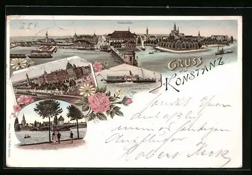 Lithographie Konstanz, Blick gegen Rheinbrücke und Total