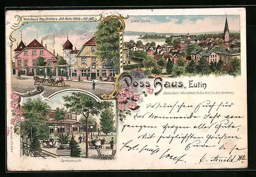 Lithographie Eutin, Blick auf die Stadt und Wohnhaus von Joh. Heinr. Voss