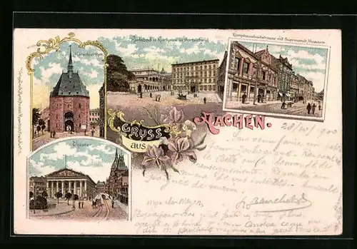 Lithographie Aachen, Ansichten Theater, Martinskirche und Kurhaus