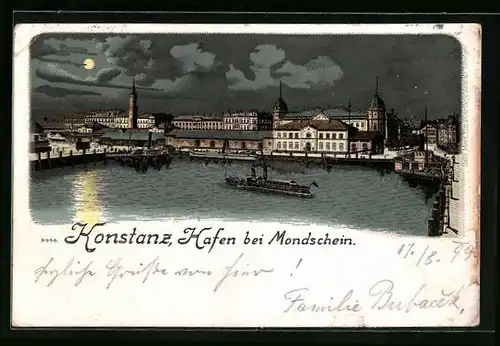 Lithographie Konstanz, Hafen mit Dampfern bei Mondschein