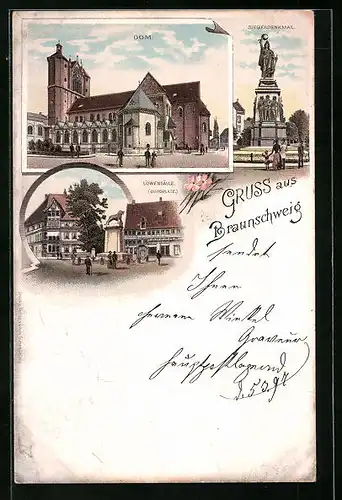 Lithographie Braunschweig, Blick auf Siegesdenkmal und Dom