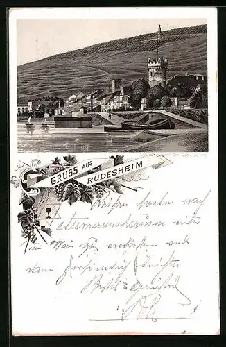 Lithographie Rüdesheim, Wasserpartie und Teilansicht