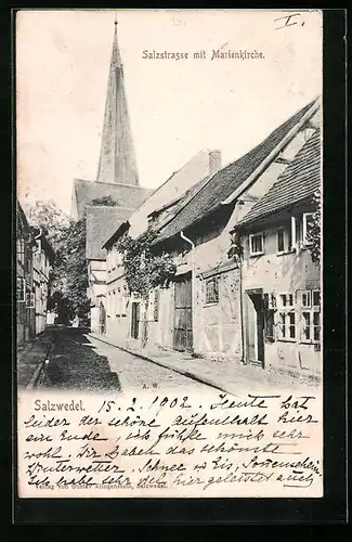 AK Salzwedel, Blick durch Salzstrasse zur Marienkirche