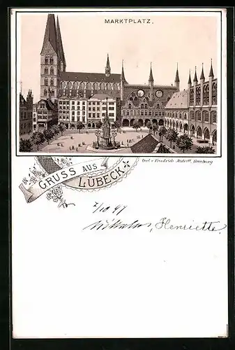 Lithographie Lübeck, Marktplatz mit Springbrunnen