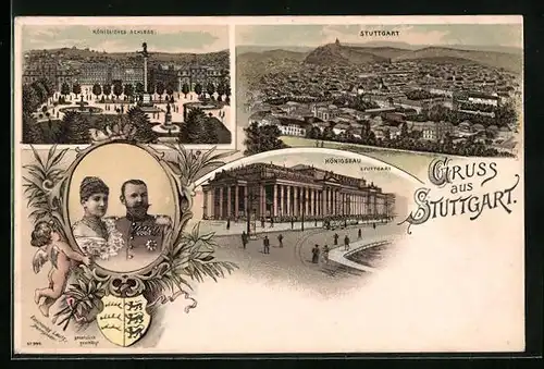 Lithographie Stuttgart, Blick auf Königsbau und Gesamtansicht