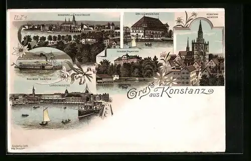 Lithographie Konstanz, Landungssteg, Bodensee mit Dampfer und Schloss Mainau