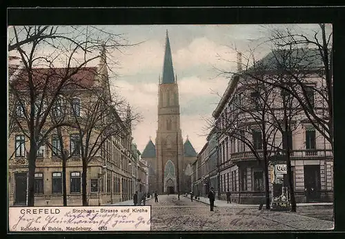 AK Crefeld, Stephans-Strasse und Kirche, Litfasssäule