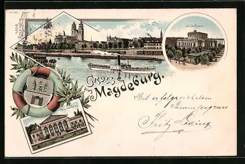 Lithographie Magdeburg, Restaurant Herrenkrug, Stadttheater, Dampfer auf der Elbe