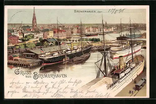 Lithographie Bremerhaven, Schiffe im Hafen
