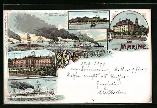 Lithographie Kiel, Marine-Akademie, Kaiserl. Yacht Hohenzollern, Kgl. Schloss