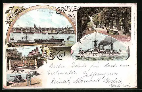 Lithographie Kiel, Krieger-Denkmal, Düsternbrooker Allee, SMS Brandenburg