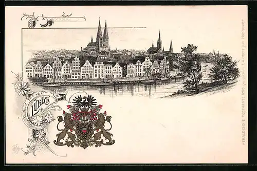 Passepartout-Lithographie Lübeck, Panoramablick auf die Stadt