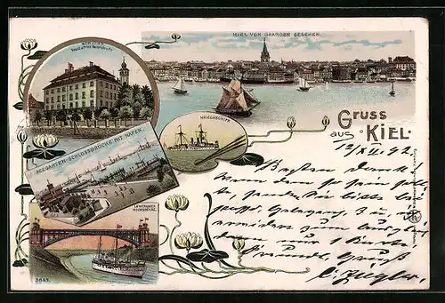 Lithographie Kiel, Seegarten-Schlossbrücke mit Hafen, Schloss, Kriegsschiff