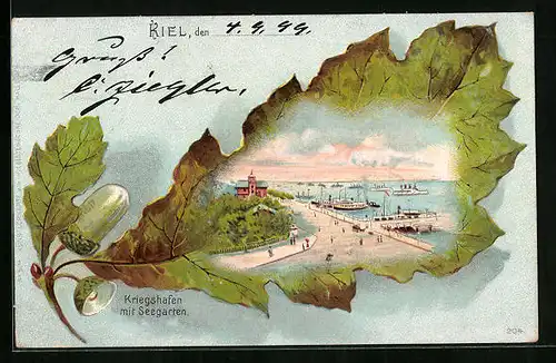 Passepartout-Lithographie Kiel, Kriegshafen mit Seegarten, Ansicht auf Eichenblatt