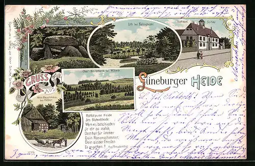 Lithographie Soltau, Rathaus, Sieben-Steinhäuser, Altes Bauernhaus bei Heber